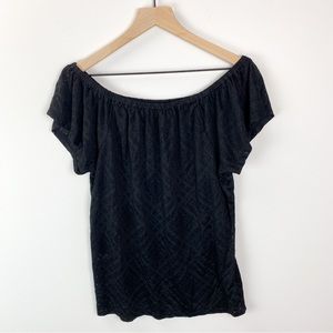 Express Off Shoulder Semi Sheer Blouse Black Plaid Medium